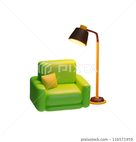 Green armchair with floor lamp 3D plastic style vector icon, realistic leather couch with lighting, lounge furniture 116571959
