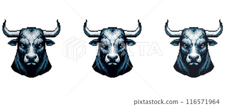 This pixel art illustration depicts a stern bull with prominent horns and an intense gaze. The detailed shading and strong character design evoke a sense of retro gaming nostalgia. This pixel art illustration depicts a stern bull with prominent horns and an intense gaze. The detailed shading and strong character design evoke a sense of retro gaming nostalgia. 116571964