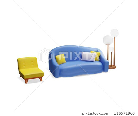 Modern blue sofa with pillows, floor lamp and yellow armchair 3D plastic style vector illustration, couch furniture 116571966