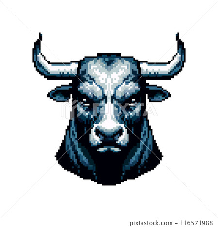 This pixel art illustration depicts a stern bull with prominent horns and an intense gaze. The detailed shading and strong character design evoke a sense of retro gaming nostalgia. 116571988