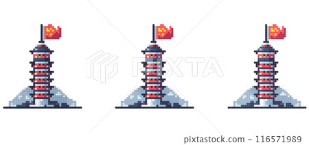 Pixel art depiction of a traditional Asian pagoda with red accents and flag on top. Pixel art depiction of a traditional Asian pagoda with red accents and flag on top. 116571989