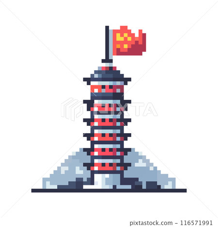 Pixel art depiction of a traditional Asian pagoda with red accents and flag on top. Pixel art depiction of a traditional Asian pagoda with red accents and flag on top. 116571991