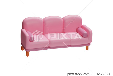 Fashionable 3D sofa with triple cushions, wooden legs and cylindrical cushions on a white background 116572074