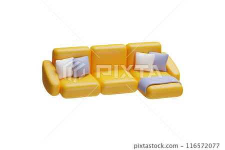 Yellow corner sofa with pillows 3D plastic style vector icon, realistic leather couch, lounge furniture cozy interior 116572077