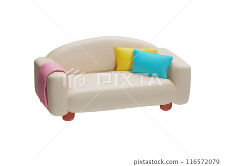 3D light pink sofa with comfortable pillows, plaid and wooden legs on a white background 116572079