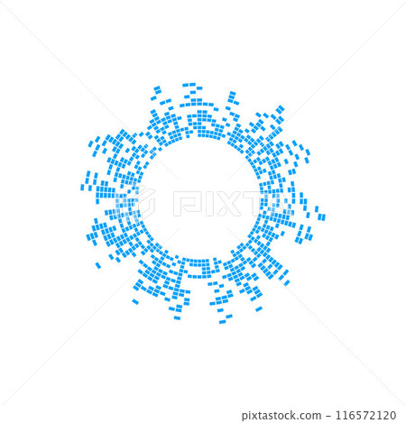 Radial blue sound wave, vector circle audio impulse pixels signal, circular music sound equalizer, voice volume frame 116572120