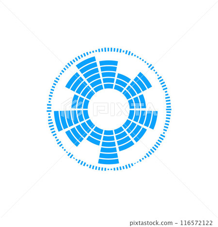 Blue round vector illustration of sound waves with radial particle effects on isolated background. 116572122