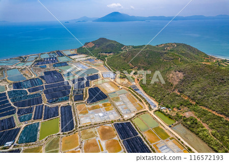 Aerial view of Hon Khoi Salt Fields, in Khanh Hoa, Vietnam Aerial view of Hon Khoi Salt Fields, in Khanh Hoa, Vietnam 116572193