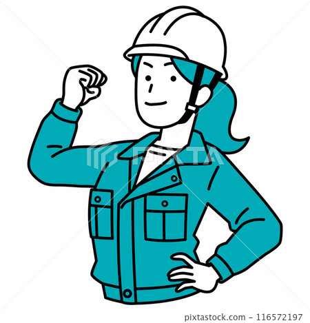 A woman in work clothes showing off her bicep 116572197