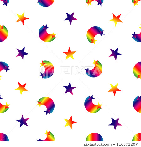 rainbow pattern of bright stars and rainbows on a white background, illustration for design 116572207