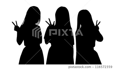 Silhouette of three girls' upper bodies making peace signs Silhouette of three girls' upper bodies making peace signs 116572359