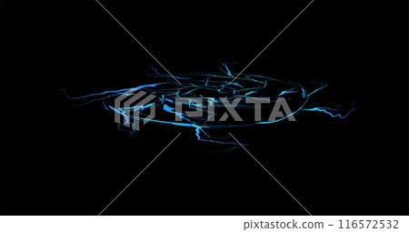 Vector graphics of a neon blue frame and lightning bolts on an isolated black background. 116572532