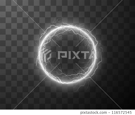 Vector illustration of a round frame with white lightning bolts on a transparent background. 116572545