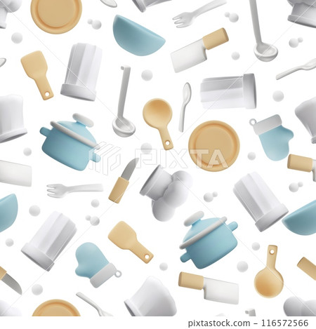 Seamless pattern in chef style. Vector 3D illustration with dishes. 116572566