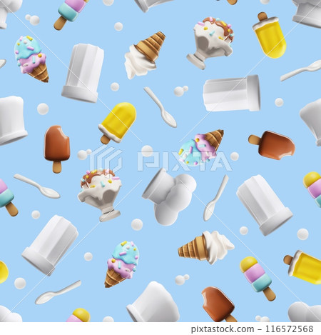 Children's seamless pattern on a kitchen theme with 3D vector ice cream and utensils. 116572568