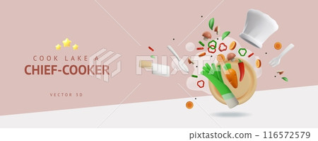 Cook like a Chief cooker 3D plastic style vector banner, white chef hat, three golden stars, kitchenware and vegetables Cook like a Chief cooker 3D plastic style vector banner, white chef hat, three golden stars, kitchenware and vegetables 116572579