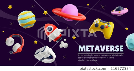 Game metaverse 3D vector banner, gaming joystick, vr glasses, headphones, rocket and planets floating in cosmic space 116572584