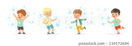 Funny Boy Playing with Soap Bubbles Vector Set 116572684