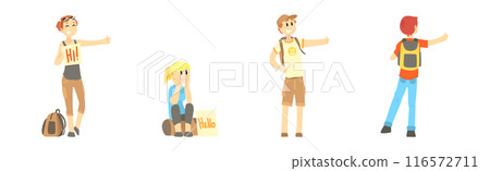 People Character Standing and Hitchhiking Catching Car Vector Set 116572711