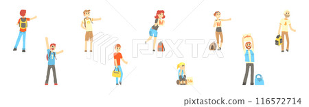 People Character Standing and Hitchhiking Catching Car Vector Set 116572714