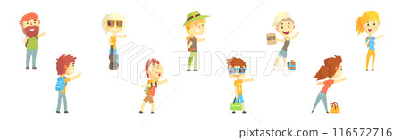 People Character Standing and Hitchhiking Catching Car Vector Set 116572716