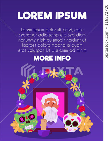 Vector poster Death Day depicting an altar with a portrait of a deceased elderly man 116572720