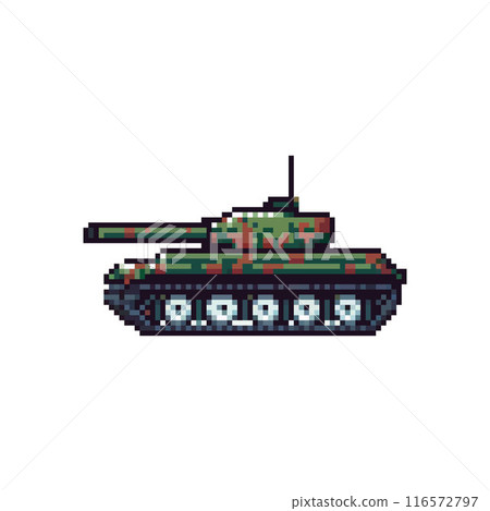 Pixel art depiction of a green camouflage tank with a large cannon and detailed treads against a plain background. Pixel art depiction of a green camouflage tank with a large cannon and detailed treads against a plain background. 116572797
