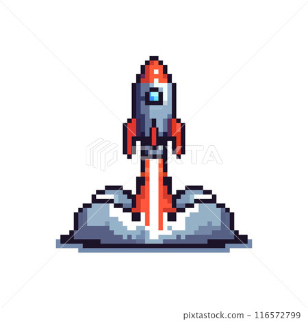Pixel art illustration of a rocket launch with dynamic orange flames and billowing smoke against a clear backdrop. 116572799
