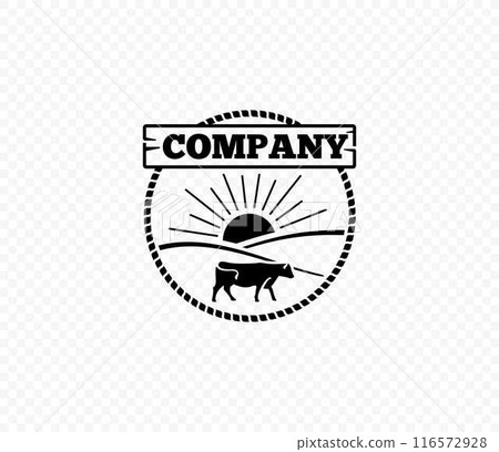 Vector vintage emblem with a silhouette of a cow grazing on a field 116572928
