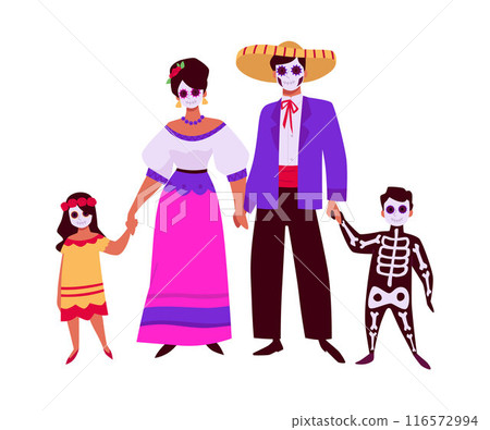 Family with painted sugar skull face mask, vector Dia de los muertos Mexican holiday, celebrating Day of the dead Family with painted sugar skull face mask, vector Dia de los muertos Mexican holiday, celebrating Day of the dead 116572994