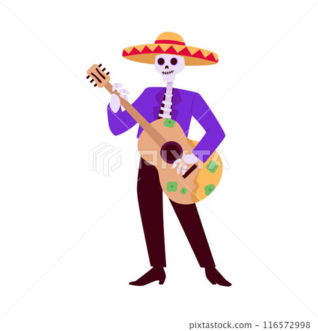 The Dia de Muertos is captured in a vector illustration with a cheerful skeleton musician 116572998