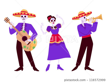 Woman and men skeleton with painted sugar skull dancing and playing on music instrument, vector flat Dia de los muertos Woman and men skeleton with painted sugar skull dancing and playing on music instrument, vector flat Dia de los muertos 116572999