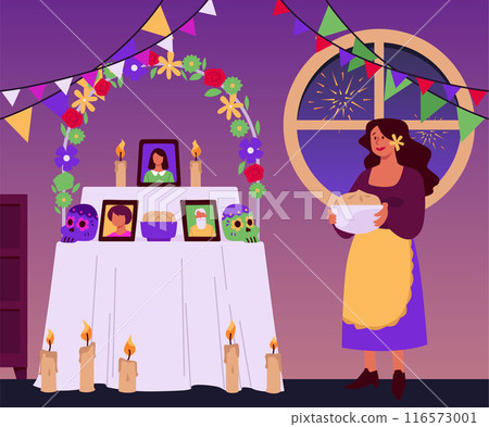 Vector illustration of Dia de los Muertos holiday room decor. Vector illustration of Dia de los Muertos holiday room decor. 116573001