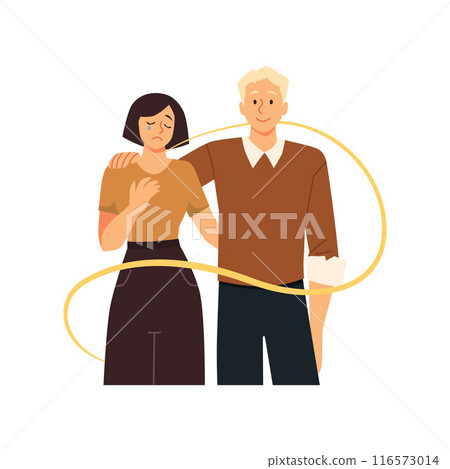 Man hugging crying depressed woman , vector empathy and support mental health, suicide prevention embrace, yellow ribbon 116573014
