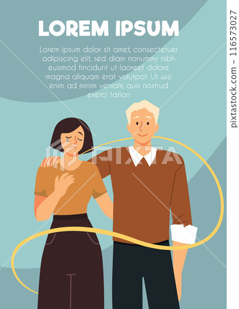 Man hugging crying woman, empathy and support mental health, suicide prevention vector awareness poster, yellow ribbon 116573027