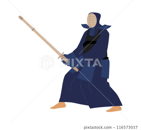 Kendo fighter wear protective mask and clothing fencing with bamboo sword, vector Japanese martial art, combat sport 116573037