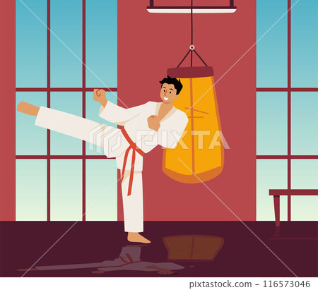 Vector illustration of a young man in a kimono of a martial art practicing karate Vector illustration of a young man in a kimono of a martial art practicing karate 116573046