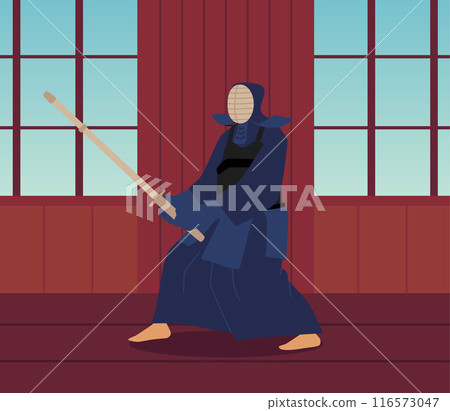 Kendo martial artist with shinai, dojo vector scene. Kendo martial artist with shinai, dojo vector scene. 116573047