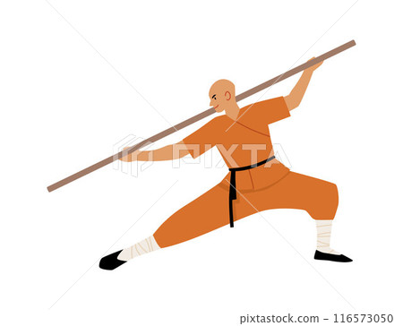 Young man shaolin monk fighter exercising Kung fu fight with wooden stick, Wushu Chinese martial art, practice training Young man shaolin monk fighter exercising Kung fu fight with wooden stick, Wushu Chinese martial art, practice training 116573050
