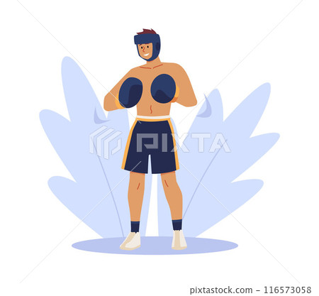 Vector illustration of a male boxer in sportswear: shorts, a boxing helmet and gloves 116573058