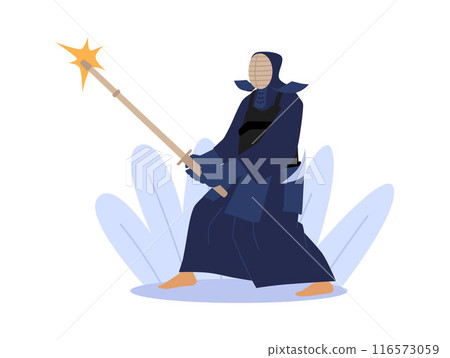 Vector illustration swordsman practicing a blow with a bamboo sword in the kendo 116573059