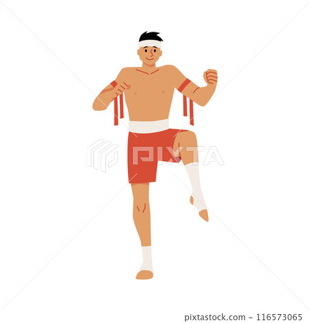 Muay Thai fighter stance. Vector illustration, sports theme. 116573065
