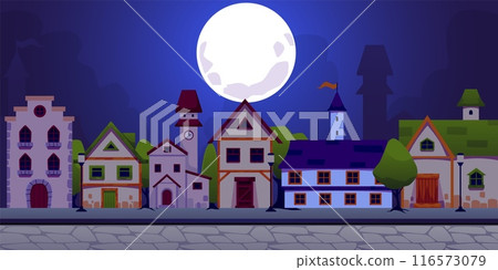 Medieval town street in night full moon light vector flat, old vintage cityscape, pavement, stone mansions, clock tower Medieval town street in night full moon light vector flat, old vintage cityscape, pavement, stone mansions, clock tower 116573079
