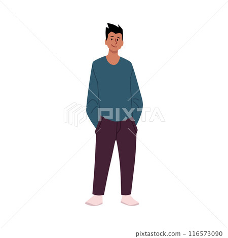 Vector illustration of a stylish guy in in casual street clothes: hoodie, jeans and sneakers 116573090