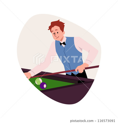 Vector illustration of a billiard player in uniform, focused on his game in a cartoon-style 116573091