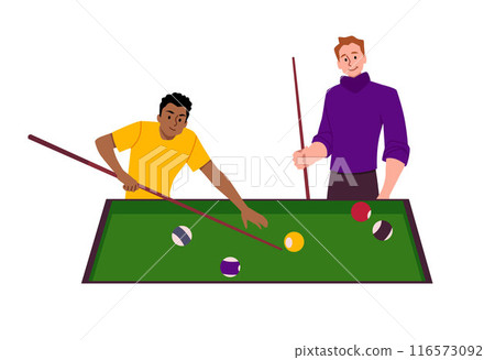 Vector image: guys playing billiards with a cue, balls and at a professional table 116573092