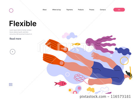 Life Unframed: Diver -modern flat vector concept illustration of a man swimming under the sea. Metaphor of unpredictability, imagination, whimsy, cycle of existence, play, growth and discovery 116573181