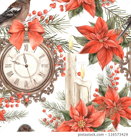 Christmas pattern with poinsettia, antique clock, pine branches, berries, bird, wax candles. Watercolor pattern on a white background. Design for New Year's holidays, invitations, cards, packaging Christmas pattern with poinsettia, antique clock, pine branches, berries, bird, wax candles. Watercolor pattern on a white background. Design for New Year's holidays, invitations, cards, packaging 116573429
