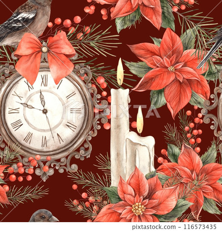 Christmas pattern with poinsettia, antique clock, pine branches, berries, bird, wax candles. Watercolor pattern on a burgundy background. Design for New Year's holidays, invitations, cards, packaging Christmas pattern with poinsettia, antique clock, pine branches, berries, bird, wax candles. Watercolor pattern on a burgundy background. Design for New Year's holidays, invitations, cards, packaging 116573435