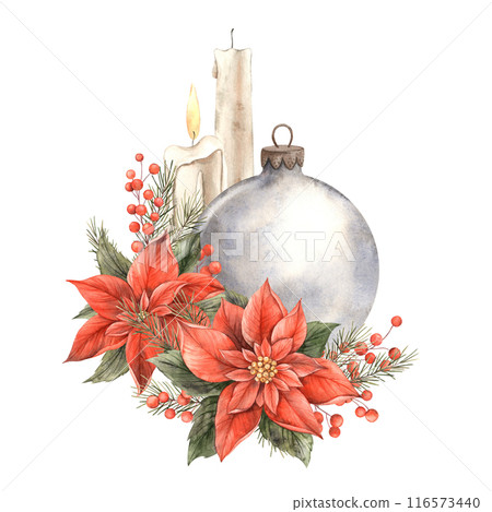 Red poinsettia, glass round ball for the Christmas tree, red berries and wax candles. Watercolor composition in Christmas style. Suitable for New Year party, invitations, cards, decorations, packaging Red poinsettia, glass round ball for the Christmas tree, red berries and wax candles. Watercolor composition in Christmas style. Suitable for New Year party, invitations, cards, decorations, packaging 116573440